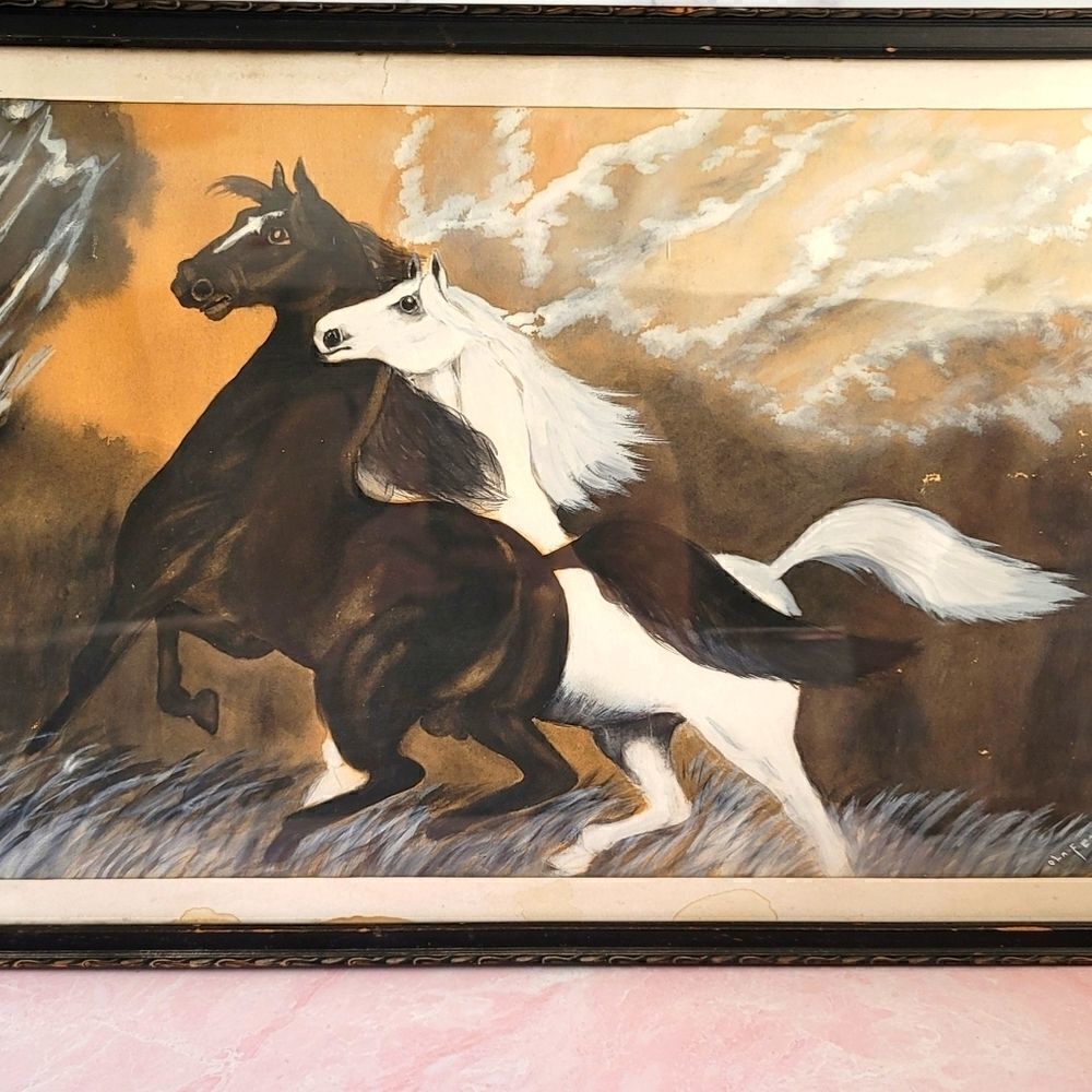 Wild mustang horses 70s framed art stallion